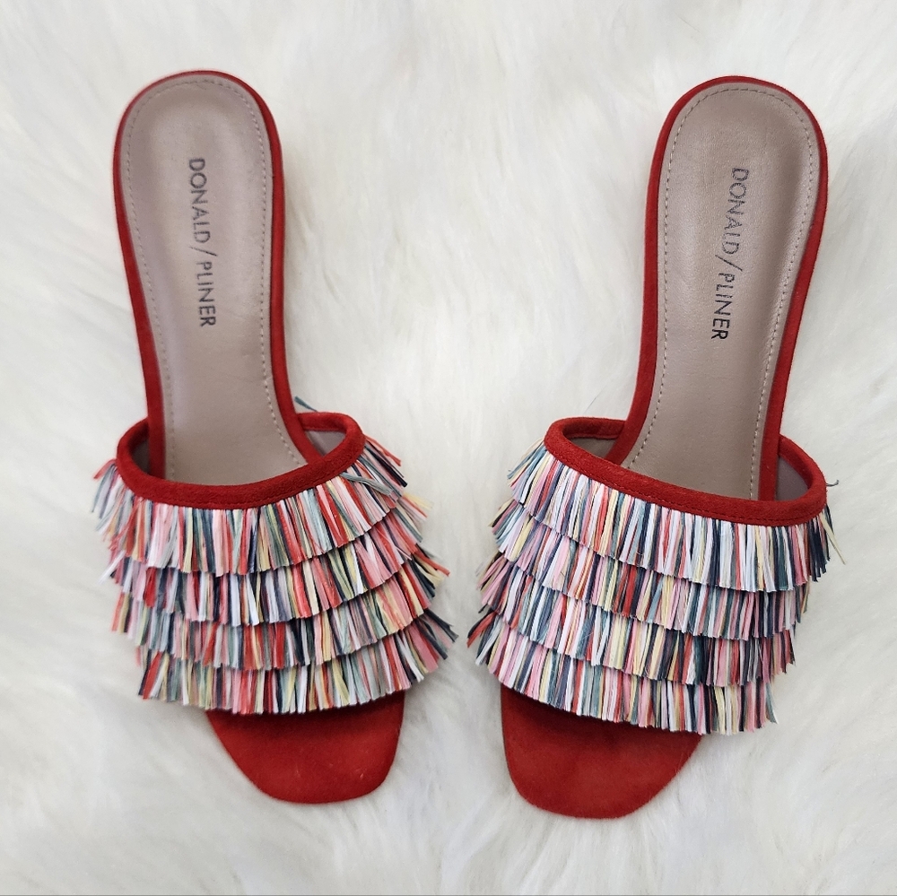 Donald Pliner Reise Red Suede Multi-Color Raffia Fringe Slide Sandals Sz 7M